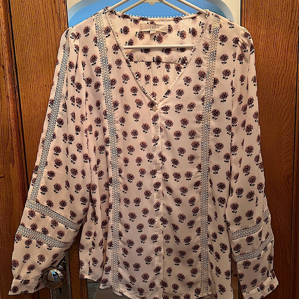 LOFT cream blouse with pink floral pattern.